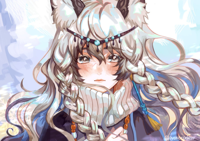 1girl animal_ear_fluff animal_ears arknights bead_necklace beads black_cloak black_hair braid circlet cloak closed_mouth english_commentary eyebrows_visible_through_hair eyelashes grey_eyes hair_between_eyes jewelry leopard_ears lips long_hair looking_at_viewer multicolored_hair necklace portrait pramanix_(arknights) ribbed_sweater side_braids silver_hair solo streaked_hair sweater turtleneck turtleneck_sweater twin_braids twitter_username two-tone_hair white_sweater wind yamoo_(oyakorodesu)