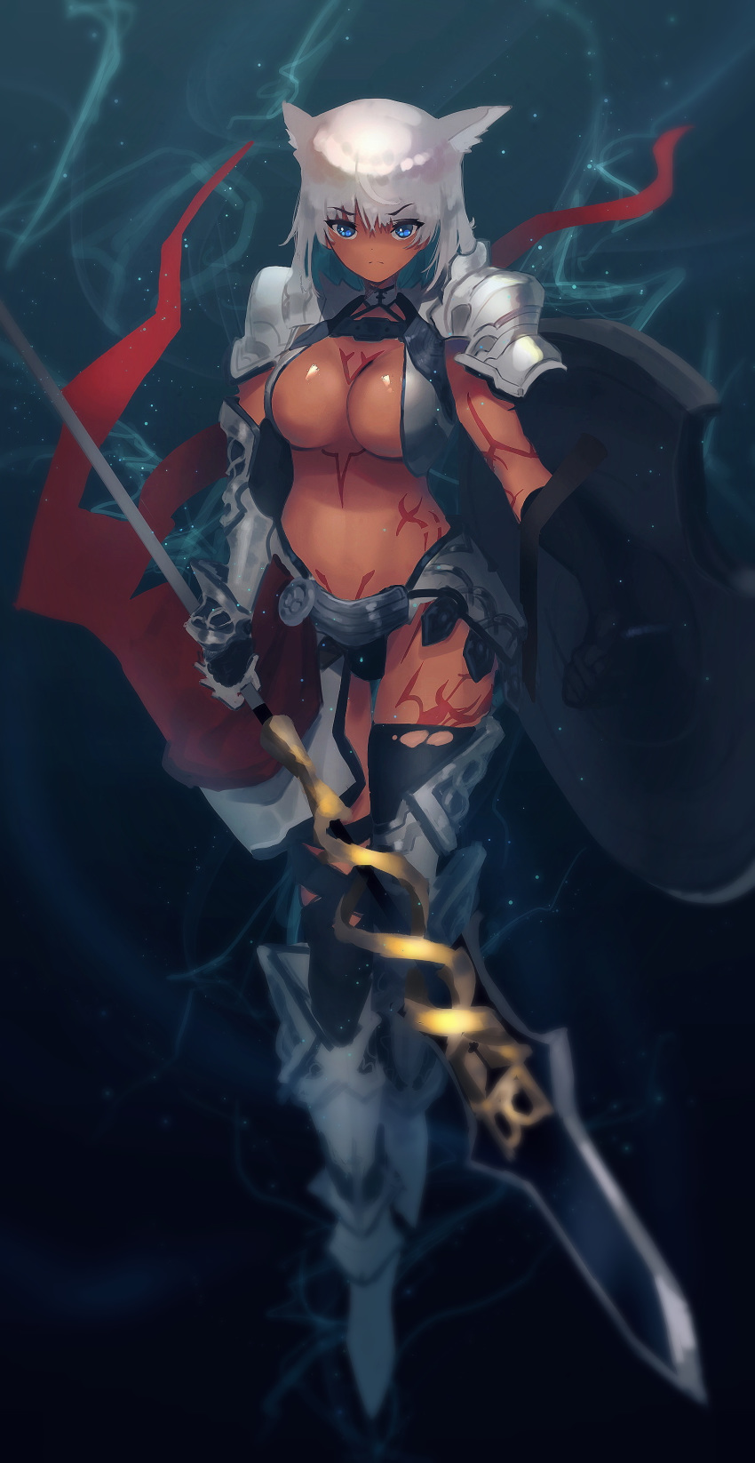 1girl absurdres animal_ears bangs bikini_bottom black_gloves black_legwear blue_eyes body_markings breasts caenis_(fate) cape closed_mouth dark_skin elbow_gloves fate/grand_order fate_(series) fuji_(rua-258) full_body gauntlets gloves greaves highres large_breasts looking_at_viewer pauldrons polearm red_cape shield solo spear tattoo thigh-highs waist_cape weapon white_background