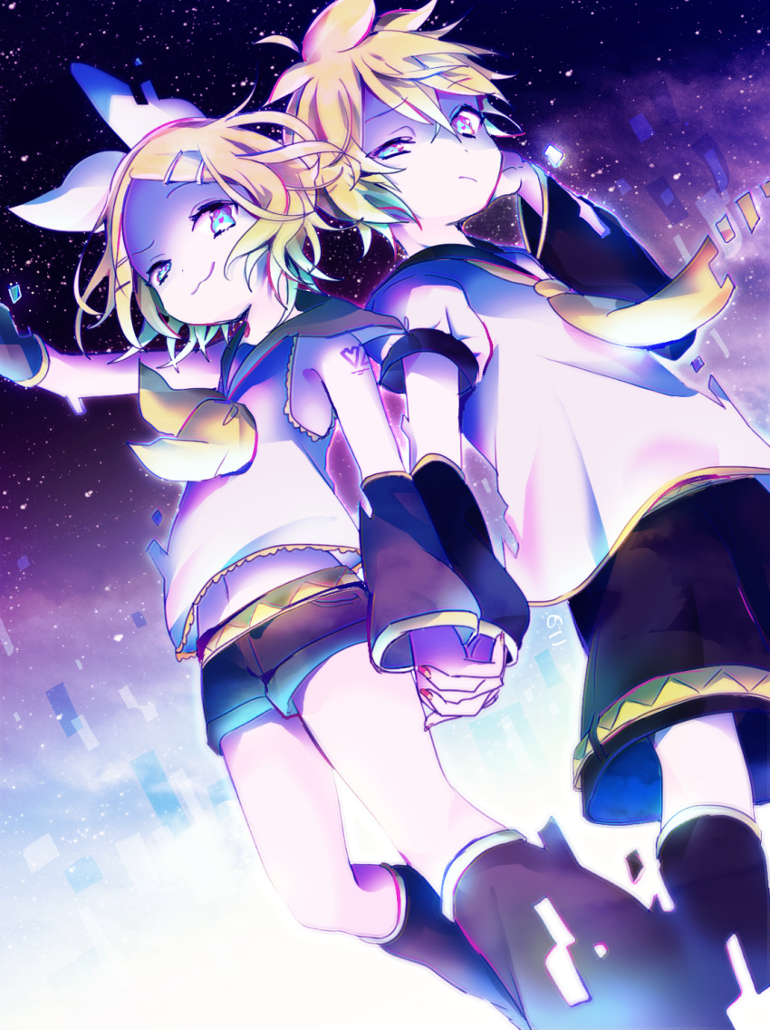 1boy 1girl bangs bare_shoulders black_collar black_shorts black_sleeves blonde_hair blue_eyes bow collar commentary crop_top detached_sleeves digital_dissolve feet_out_of_frame from_below hair_bow hair_ornament hairclip hand_up heart highres holding_hands kagamine_len kagamine_rin leg_warmers light_frown looking_at_viewer looking_down nail_polish nckkk neckerchief necktie night night_sky raised_eyebrow red_nails sailor_collar school_uniform scratching_head shirt short_hair short_ponytail short_shorts short_sleeves shorts shoulder_tattoo siblings sky sleeveless sleeveless_shirt smile smug spiky_hair swept_bangs tattoo twins vocaloid white_bow white_shirt yellow_neckwear