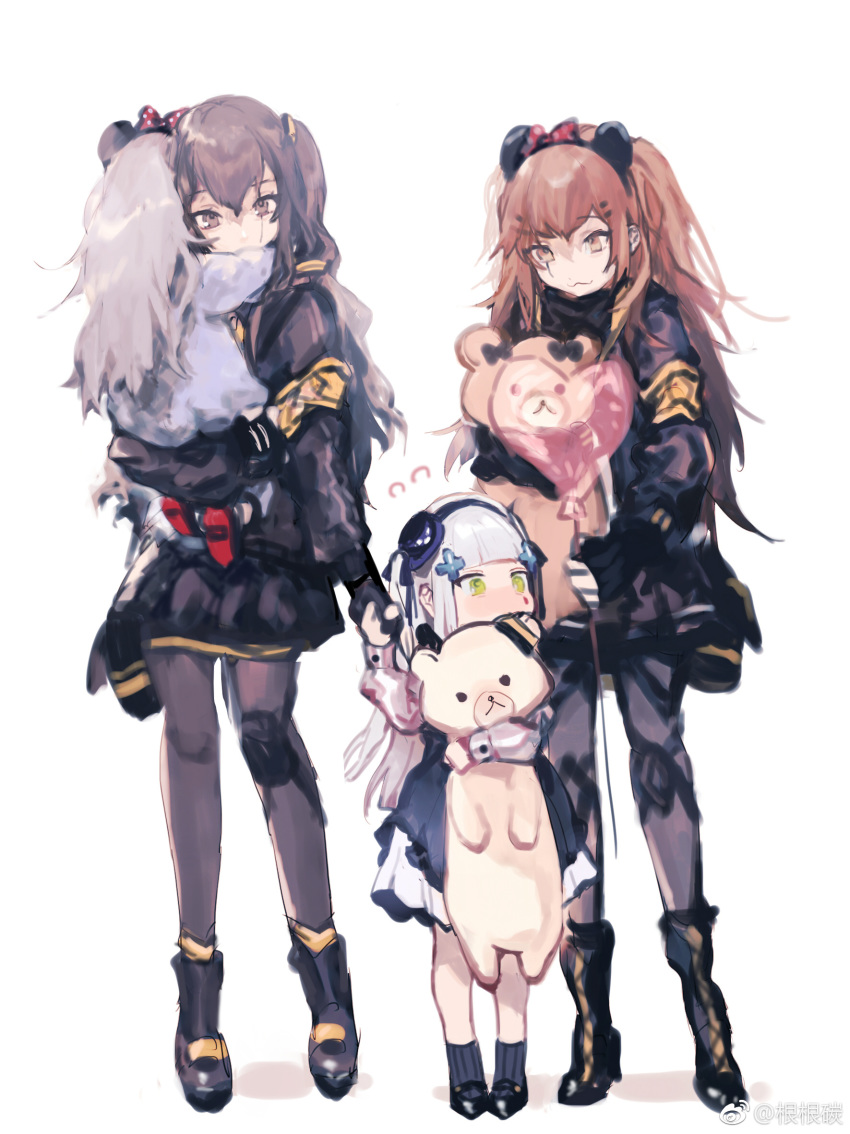 404_(girls_frontline) 4girls alternate_costume armband artist_request balloon bangs black_footwear black_jacket black_legwear blunt_bangs blush brown_eyes brown_hair carrying closed_mouth dress facial_mark g11_(girls_frontline) girls_frontline green_eyes grey_hair hair_ornament hairband hat heart_balloon highres hk416_(girls_frontline) holding holding_hands holding_stuffed_animal jacket long_hair long_sleeves mini_hat multiple_girls scar scar_across_eye silver_hair simple_background stuffed_animal stuffed_toy teddy_bear ump45_(girls_frontline) ump9_(girls_frontline) weibo_username white_background younger