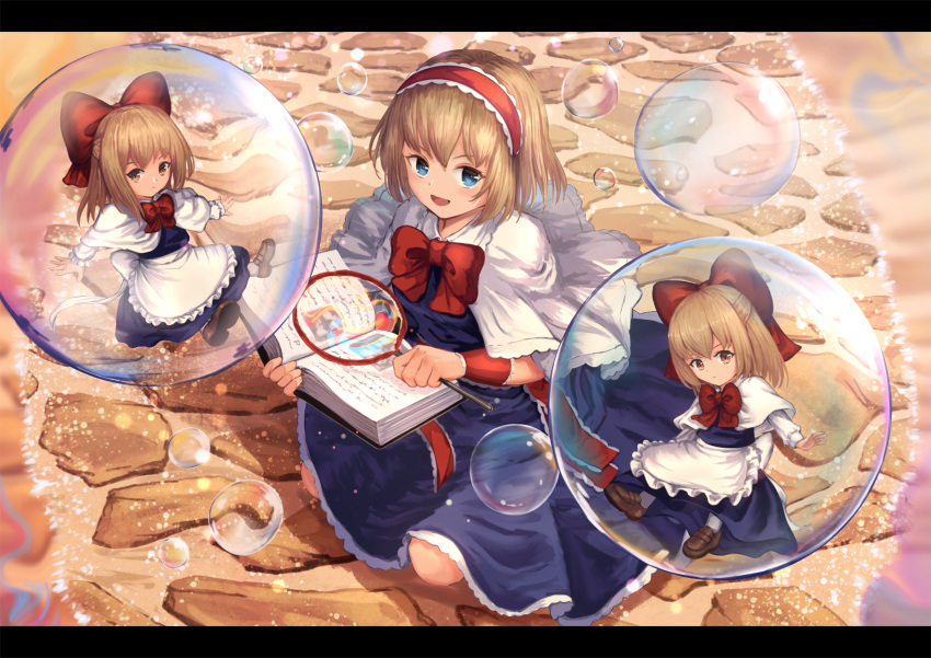 1girl alice_margatroid apron blonde_hair blue_dress blue_eyes book bow bowtie braid brown_footwear capelet cobblestone commentary day dress english_commentary french_braid hair_bow hairband highres holding holding_book in_bubble letterboxed lolita_hairband long_sleeves looking_at_viewer on_ground ookashippo open_book open_mouth outdoors red_neckwear shanghai_doll short_hair sitting smile soap_bubbles solo touhou waist_apron wariza white_capelet white_legwear