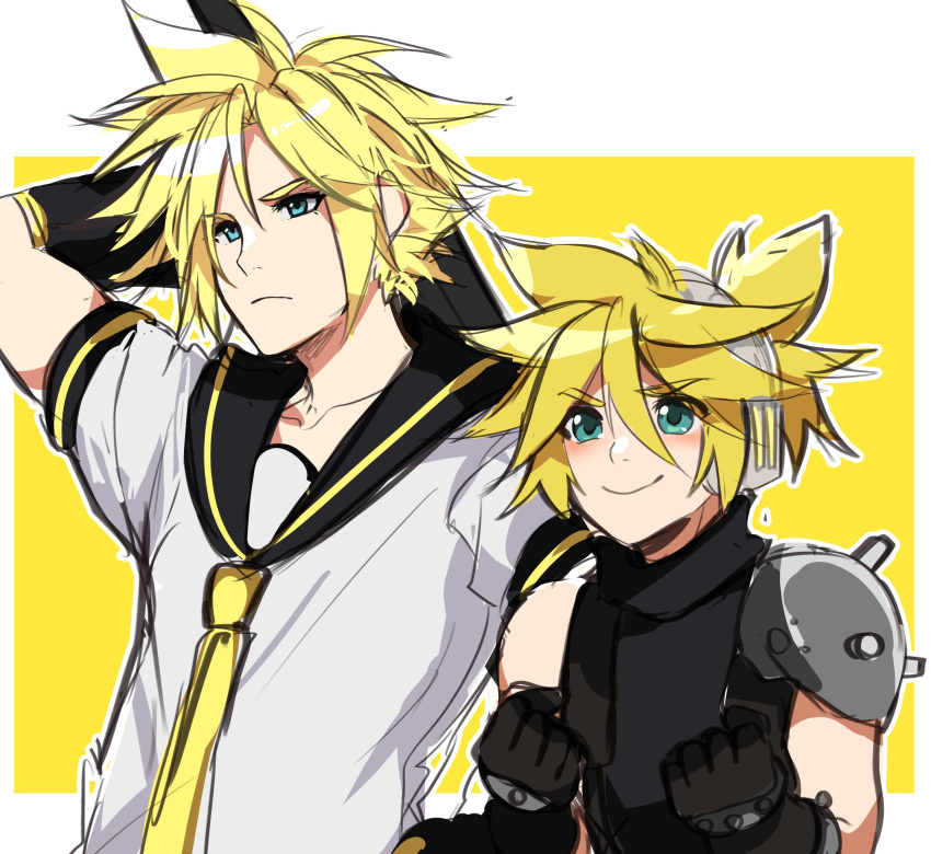 2boys black_collar black_gloves black_shirt blonde_hair blue_eyes bracelet clenched_hands cloud_strife cloud_strife_(cosplay) collar collared_shirt commentary cosplay costume_switch crossover ei_flow english_commentary final_fantasy final_fantasy_vii gloves hand_on_hip hands_up highres holding holding_sword holding_weapon jewelry kagamine_len kagamine_len_(cosplay) light_blush light_frown look-alike male_focus multiple_boys necktie over_shoulder sailor_collar shirt shoulder_armor sleeveless sleeveless_shirt smile spiked_bracelet spikes sword sword_over_shoulder tsurime upper_body v-shaped_eyebrows vocaloid weapon weapon_over_shoulder white_shirt yellow_background yellow_neckwear