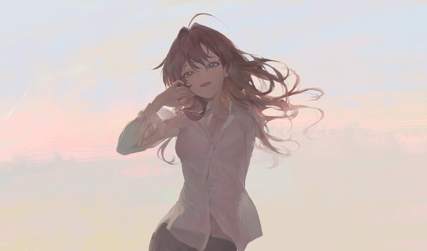 1girl :d =d antenna_hair arm_behind_back arm_up bangs black_pants blue_eyes blue_sky blush bralines breasts clouds collarbone dress_shirt dusk hair_blowing hand_in_hair highres ichinose_shiki idolmaster idolmaster_cinderella_girls long_hair long_sleeves looking_at_viewer mossi open_mouth outdoors pants redhead see-through shirt sky small_breasts smile solo upper_body upper_teeth white_shirt