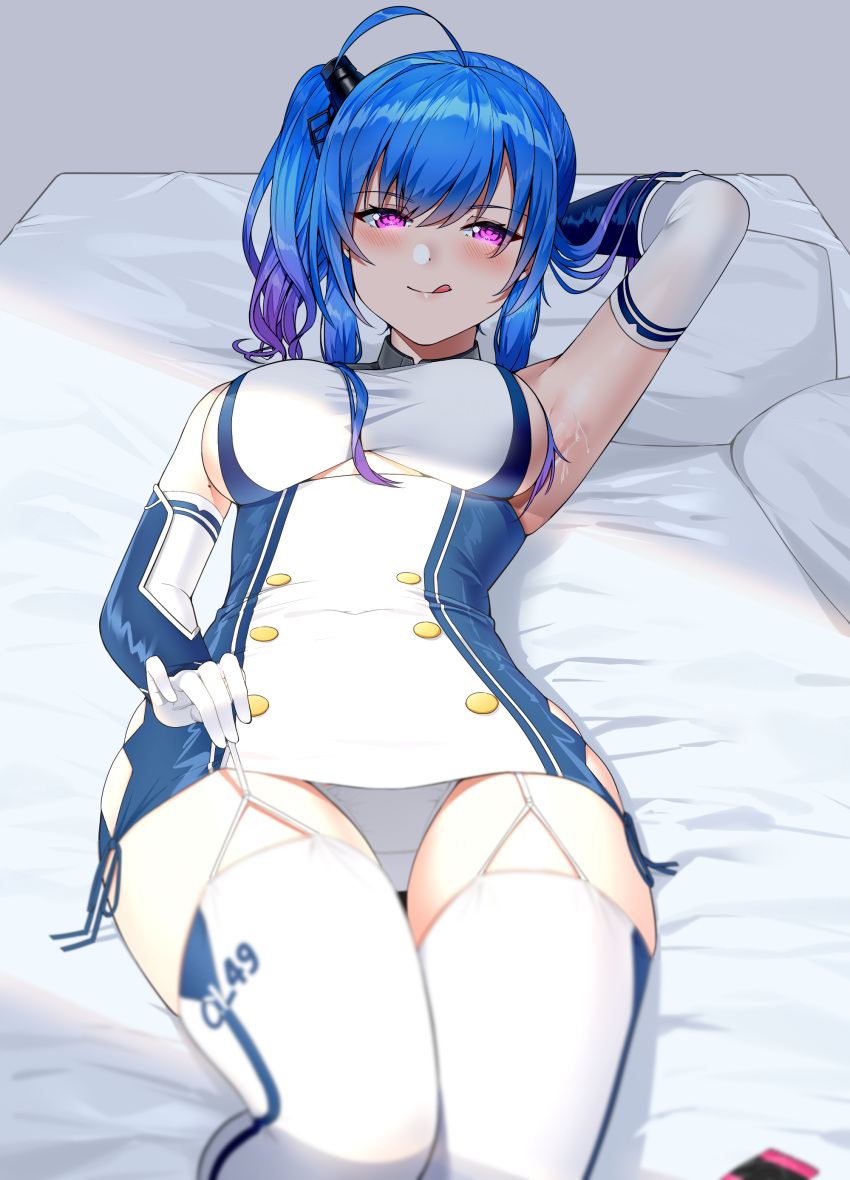 1girl absurdres ahoge armpits azur_lane bare_shoulders bed bed_sheet blue_hair blurry blurry_foreground blush breasts clothes_writing commentary_request depth_of_field dress elbow_gloves eyebrows_visible_through_hair garter_straps gloves gradient_hair hair_between_eyes highres large_breasts licking_lips looking_at_viewer lying mole_on_arm multicolored_hair on_back on_bed one_side_up purple_hair short_dress sideboob sidelocks skindentation solo st._louis_(azur_lane) suzuharu_toufu thigh-highs thighs tongue tongue_out two-tone_dress underboob_cutout violet_eyes white_gloves white_legwear