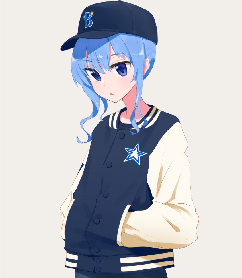 1girl baseball_cap blue_eyes blue_hair blue_headwear hands_in_pockets hat highres hololive hoshimachi_suisei jacket long_sleeves senda_nara short_hair short_hair_with_long_locks sidelocks simple_background standing suisei_channel upper_body virtual_youtuber yokohama_dena_baystars