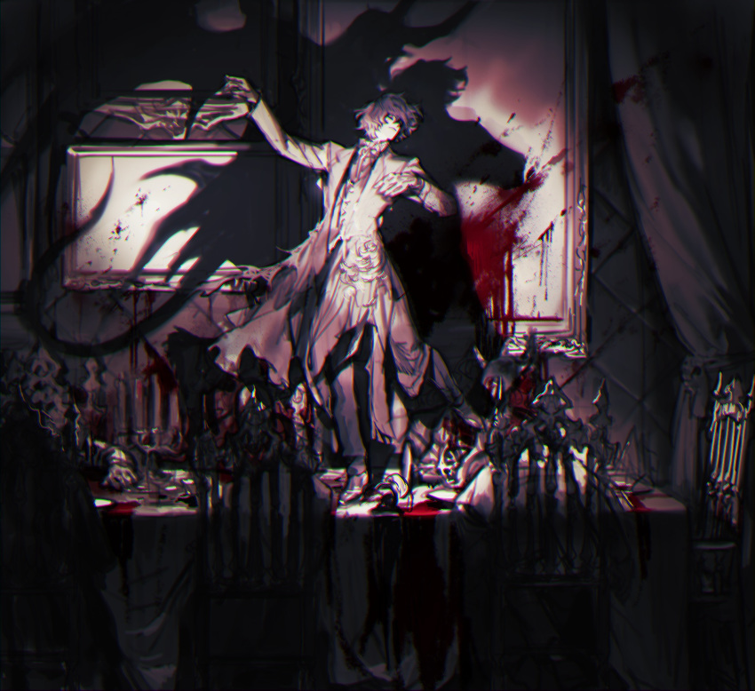 6+boys alcohol blood candelabra candle chair closed_eyes closed_mouth cup curtains dancing death demon_tail demon_wings drinking_glass highres indoors male_focus monochrome multiple_boys original pigeon666 portrait red_theme sitting spill standing table tail wine wine_glass wings