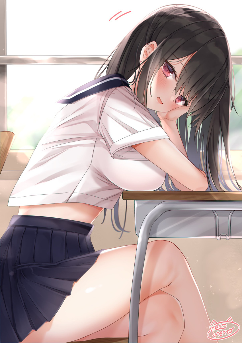 1girl bangs bare_thighs black_hair black_skirt breast_rest breasts chair crossed_legs desk earrings eyebrows_visible_through_hair head_on_hand highres indoors jewelry large_breasts long_hair looking_at_viewer neco_meito original pleated_skirt red_eyes sailor_collar school_desk shirt short_sleeves signature sitting skirt smile thighs white_shirt window