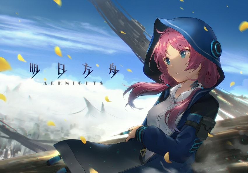 1girl arknights ban_xuan bangs blue_eyes blue_jacket blue_poison_(arknights) blue_sky breasts chinese_commentary clouds commentary_request copyright_name day eyebrows_visible_through_hair highres holding holding_syringe hood hooded_jacket jacket long_hair long_sleeves low_twintails medium_breasts outdoors parted_lips petals pink_hair shirt sky solo syringe twintails upper_body white_shirt