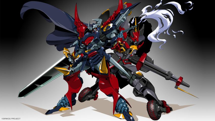 armor aussenseiter back-to-back breasts cape copyright_name dygenguar gradient gradient_background gun highres holding holding_sword holding_weapon huge_breasts japanese_armor mecha no_humans official_art shadow shoulder_armor super_robot super_robot_wars sword wallpaper weapon wheel zankantou