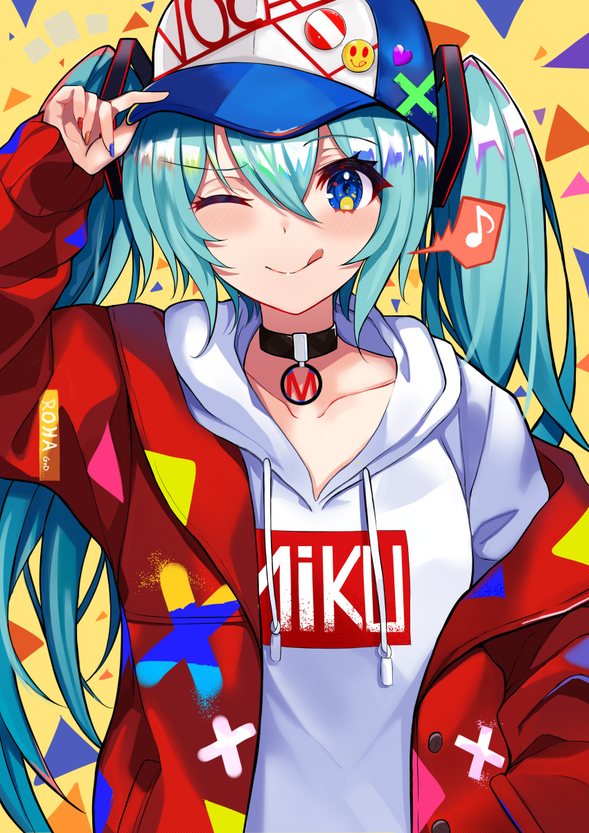 1girl absurdres aqua_hair bangs black_choker blue_eyes blue_nails blush character_name choker collarbone commentary eyebrows_visible_through_hair green_nails hair_between_eyes hatsune_miku highres hood hoodie jacket long_hair looking_at_viewer multicolored multicolored_clothes multicolored_jacket nao_(okt8538) one_eye_closed orange_nails red_jacket smile solo tongue tongue_out twintails upper_body very_long_hair vocaloid white_hoodie
