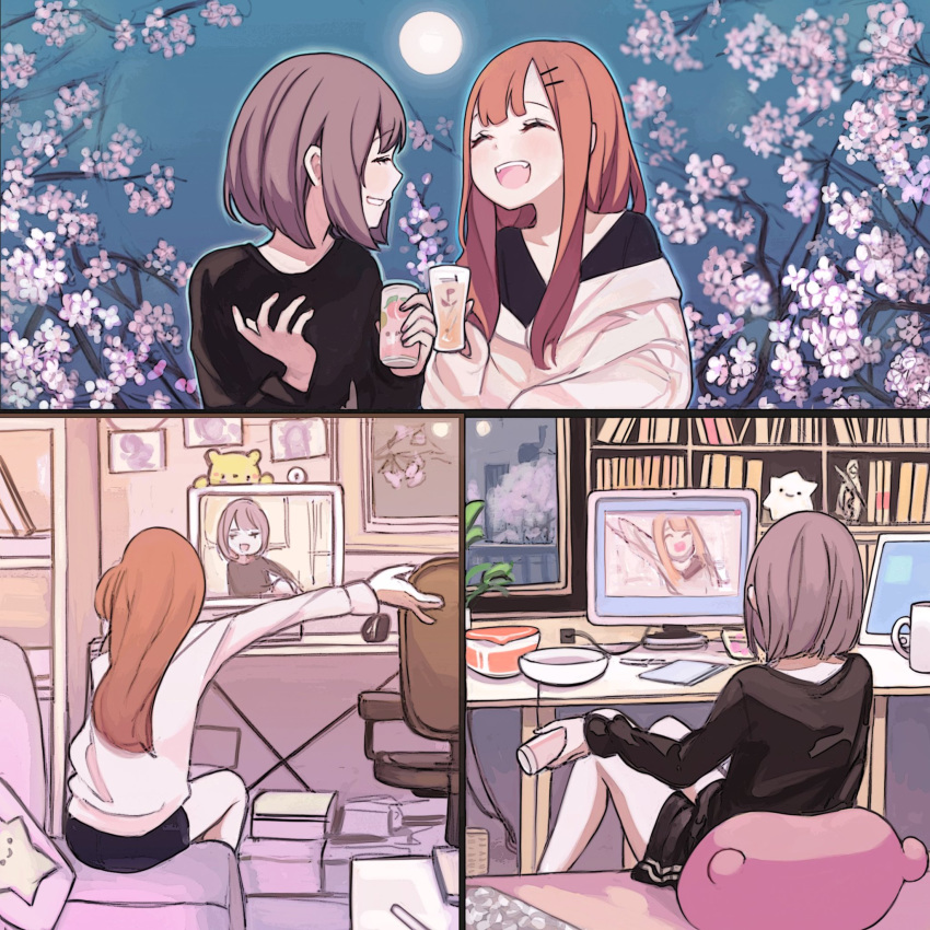 2girls bangs bed black_shirt blunt_bangs bookshelf brown_hair can chair cherry_blossoms closed_eyes commentary_request computer coronavirus_pandemic flower hair_ornament hairclip hanami highres indoors long_hair long_sleeves monitor multiple_girls open_mouth original outdoors outstretched_arm pink_flower shirt short_hair sitting smile spring_(season) tokiwata_soul tree video_call white_shirt window