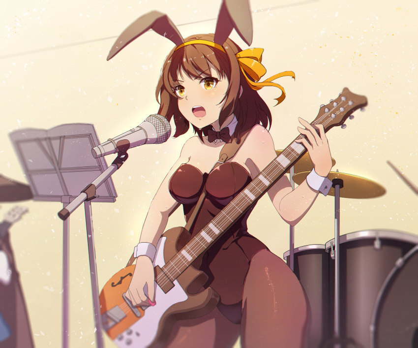 1girl 2girls a_dream absurdres animal_ears bangs bare_shoulders between_breasts bow bowtie breasts brown_bow brown_hair brown_legwear bunnysuit cape concert detached_collar drum eyebrows_visible_through_hair fake_animal_ears guitar hat highleg highleg_leotard highres instrument leotard medium_breasts medium_hair microphone microphone_stand multiple_girls music nagato_yuki open_mouth pantyhose playing_instrument plectrum rabbit_ears school_uniform solo_focus stage strap_between_breasts strapless strapless_leotard suzumiya_haruhi suzumiya_haruhi_no_yuuutsu witch_hat wrist_cuffs yellow_eyes