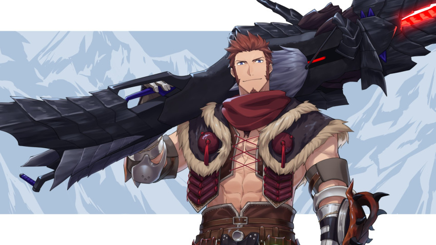 1boy 47_(479992103) abs alternate_costume alternate_weapon arm_up bara beard biceps blue_eyes brown_hair chest crossover facial_hair fate/grand_order fate_(series) gloves highres holding holding_weapon jewelry looking_at_viewer male_focus monster_hunter monster_hunter:_world mountain muscle napoleon_bonaparte_(fate/grand_order) necklace open_clothes over_shoulder pants pectorals revealing_clothes scar scarf simple_background smile solo standing weapon weapon_over_shoulder