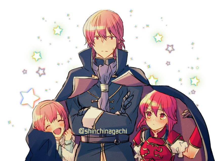 1boy 2girls armor brother_and_sister cape closed_eyes closed_mouth crossed_arms fire_emblem fire_emblem:_mystery_of_the_emblem fire_emblem_heroes hairband headband highres long_sleeves maria_(fire_emblem) michalis_(fire_emblem) minerva_(fire_emblem) multiple_girls nishimura_(nianiamu) open_mouth red_eyes redhead short_hair siblings sisters star twitter_username younger