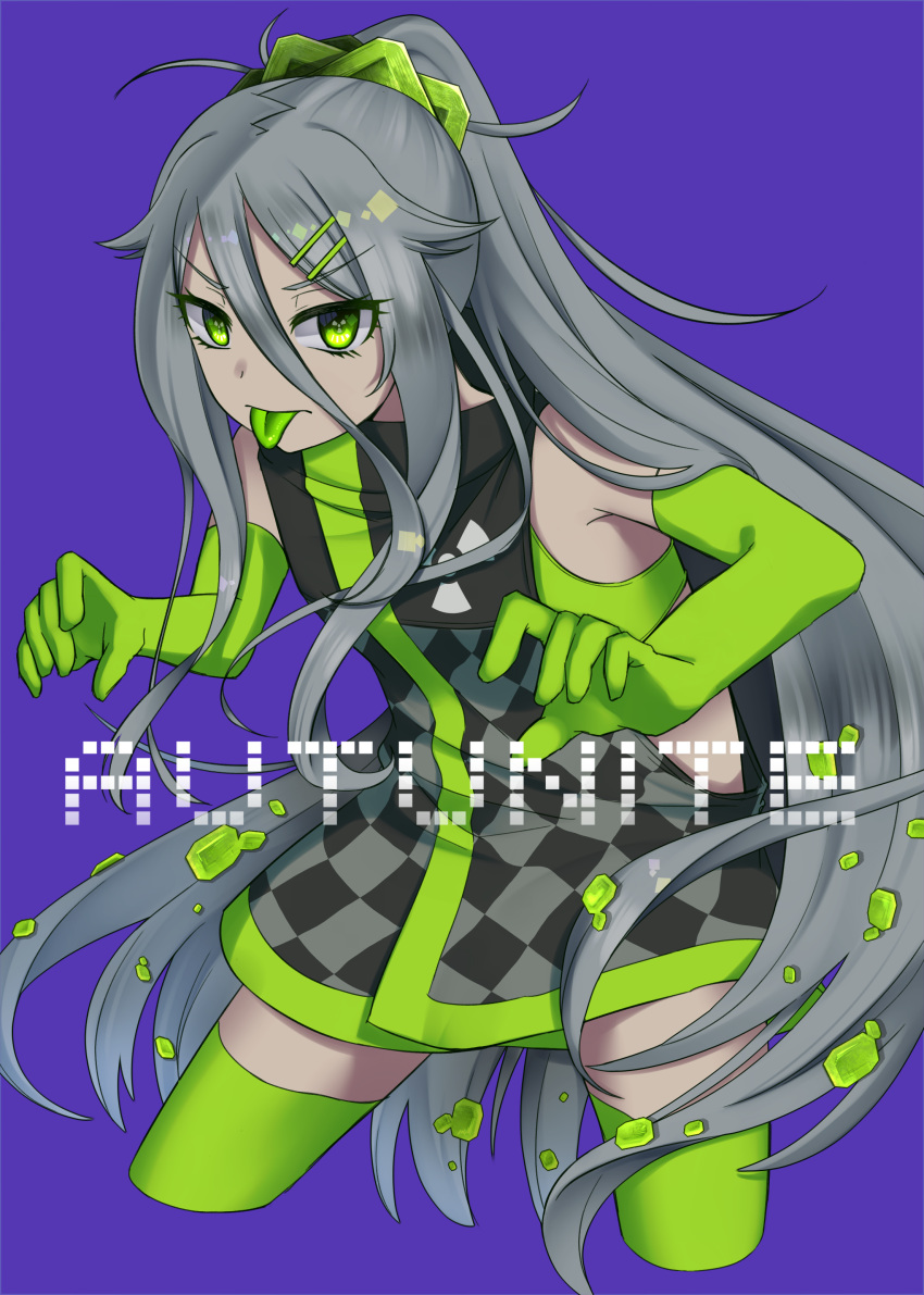 1girl absurdres bangs bare_shoulders commentary_request cropped_legs dress elbow_gloves eyebrows_visible_through_hair gloves green_eyes green_gloves green_legwear green_tongue grey_dress grey_hair hair_between_eyes hair_ornament hairclip highres long_hair looking_at_viewer original paravene personification ponytail purple_background simple_background sleeveless sleeveless_dress solo thigh-highs tongue tongue_out v-shaped_eyebrows very_long_hair