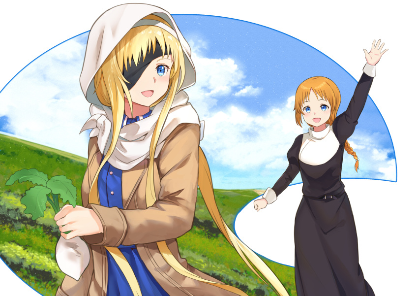 2girls :d absurdres alice_schuberg arm_up black_dress blonde_hair blue_eyes blue_shirt braid braided_ponytail coat dress eyepatch floating_hair hairband highres holding hood hood_up long_dress long_hair long_sleeves mosta_(lo1777789) multiple_girls open_clothes open_coat open_mouth ponytail selka_schuberg shirt siblings sisters smile sword_art_online very_long_hair white_hairband white_hoodie