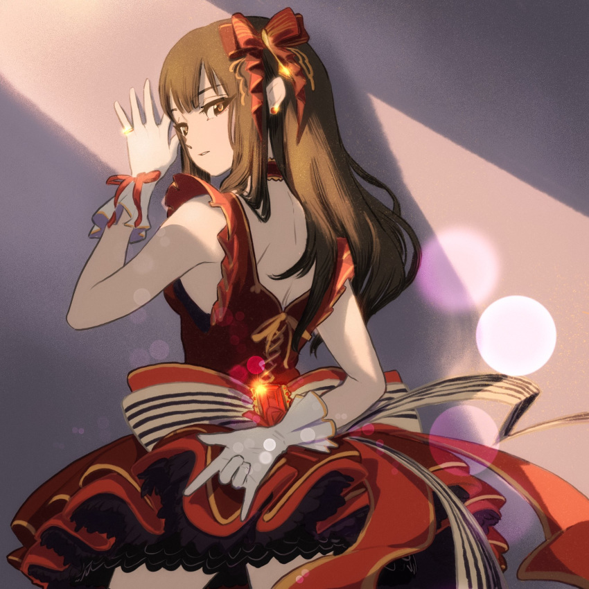 \m/ bangs bow brown_hair choker deg_(deguana) dress earrings frilled_dress frilled_gloves frills gloves highres idolmaster idolmaster_cinderella_girls jewelry layered_dress lens_flare long_hair looking_back mizumoto_yukari parted_lips red_dress ribbon_choker ring