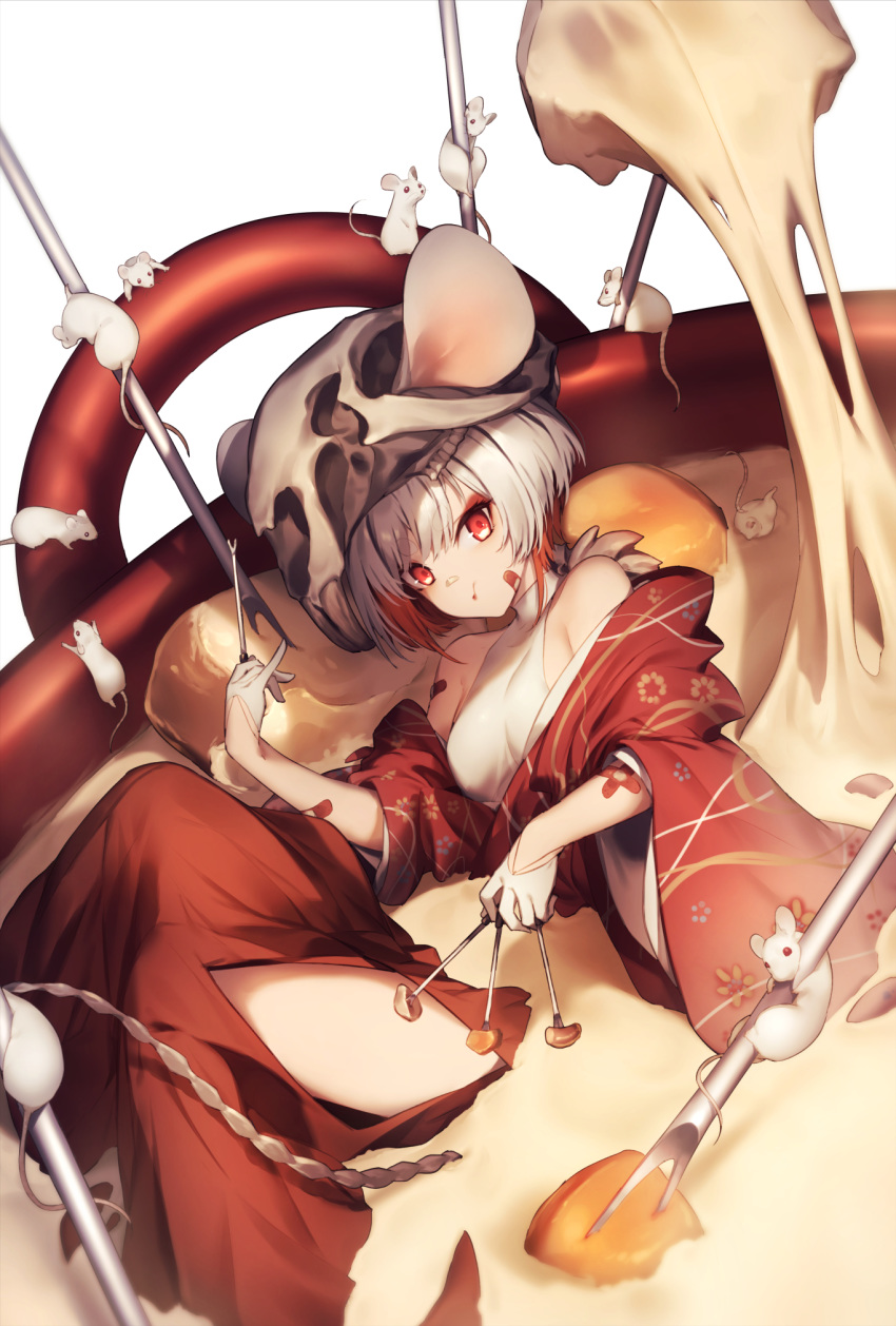 1girl animal_ears bare_shoulders breasts cheese closed_mouth ears_through_headwear eating eyeshadow food gloves half_gloves highres in_food japanese_clothes kimono kyouya_(mukuro238) large_breasts long_sleeves looking_at_viewer makeup mouse mouse_ears original red_eyes red_kimono simple_background solo white_background white_gloves white_hair wide_sleeves