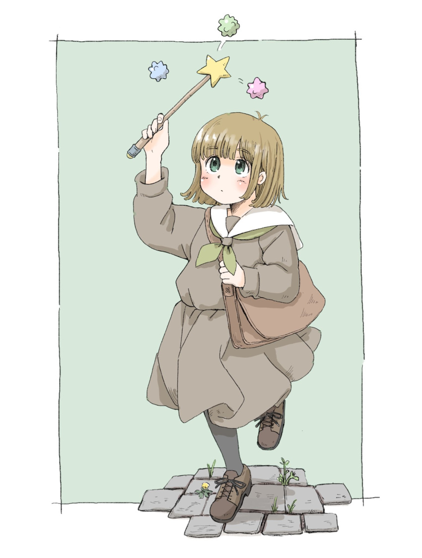 1girl bag brown_hair candy commentary eyebrows_visible_through_hair food green_eyes highres holding konpeitou original pantyhose porankaran short_hair simple_background solo wand witch