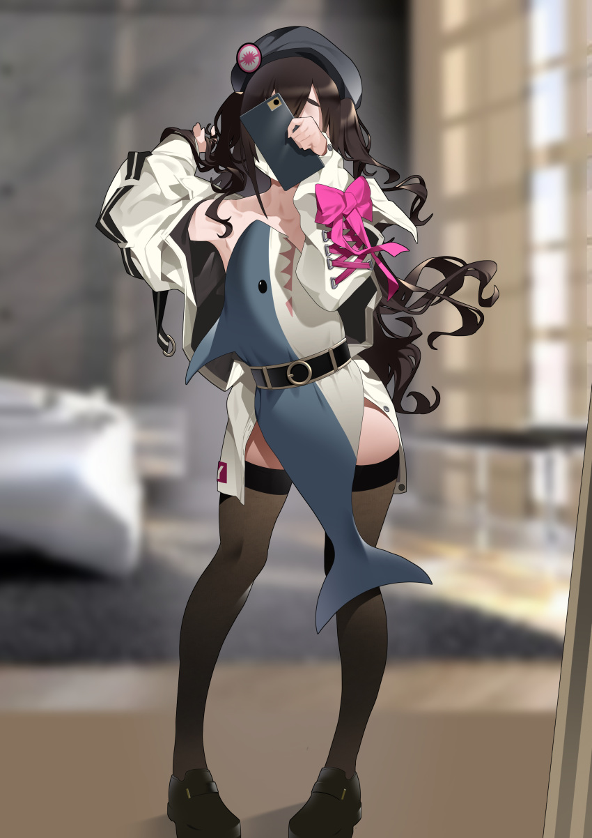 1girl absurdres arm_up armpits bare_shoulders belt black_footwear black_hair black_headwear blurry brown_legwear bsue depth_of_field facing_viewer full_body highres holding holding_phone idolmaster idolmaster_cinderella_girls idolmaster_cinderella_girls_starlight_stage jacket loafers long_hair open_clothes open_jacket phone pillow_challenge self_shot shoes solo standing stuffed_animal stuffed_shark stuffed_toy sunazuka_akira thigh-highs two_side_up wavy_hair white_jacket
