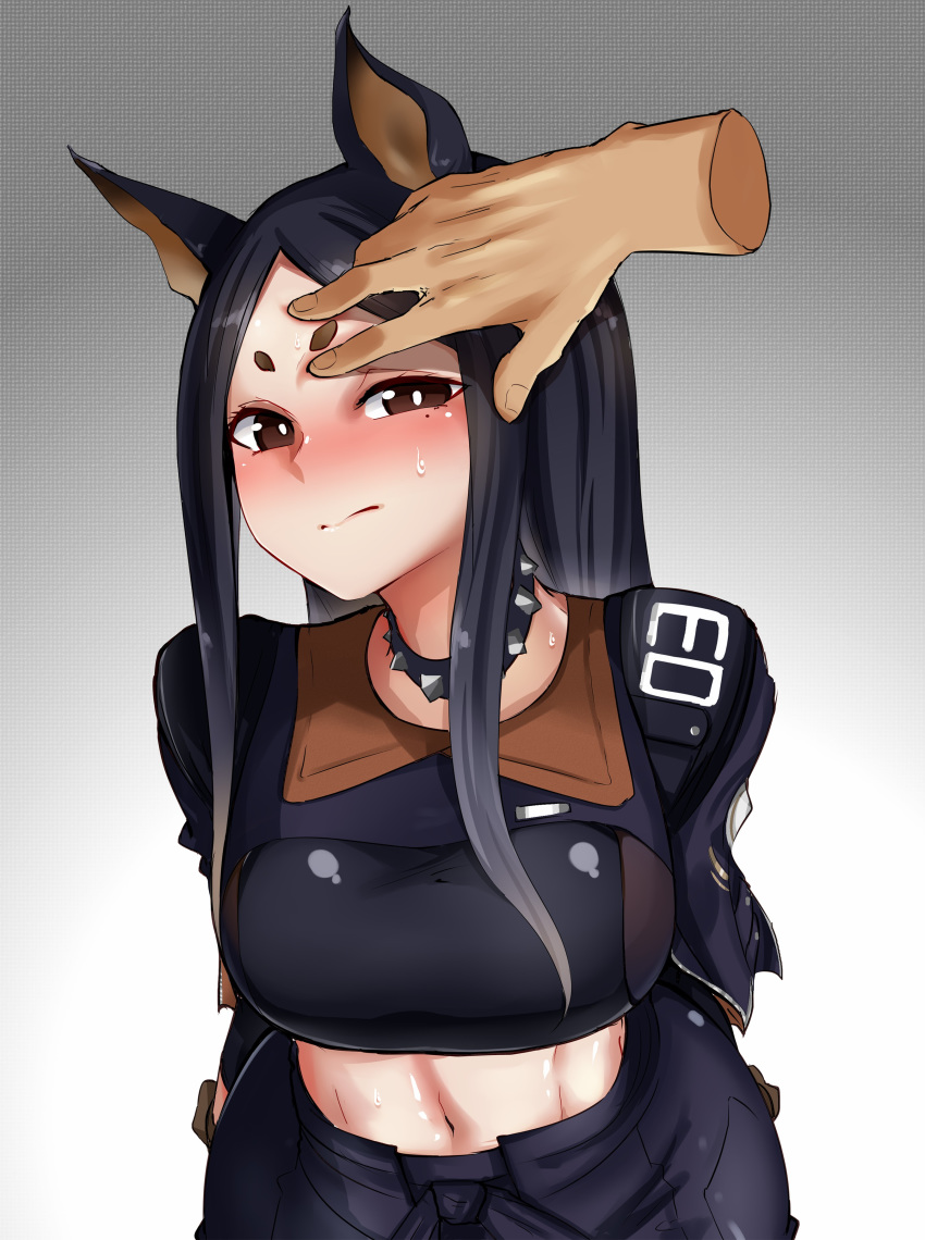 1girl abs absurdres animal_ears arknights arms_behind_back bangs black_hair black_jacket black_pants blush breasts brown_eyes chinese_commentary choker closed_mouth collar cowboy_shot crop_top disembodied_limb dobermann_(arknights) dog_ears gradient gradient_background grey_background hand_on_another's_face highres jacket large_breasts long_hair looking_at_viewer midriff mole mole_under_eye navel pants parted_bangs simple_background solo_focus spiked_choker spiked_collar spikes straight_hair sweat sweatdrop thick_eyebrows wenzheng147