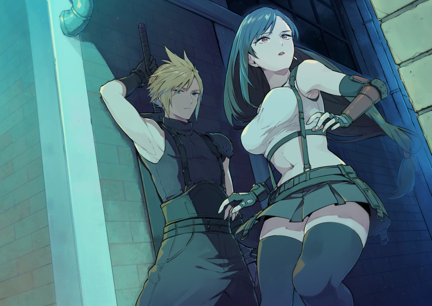 1boy 1girl against_wall arm_guards black_hair black_legwear buster_sword cloud_strife elbow_gloves final_fantasy final_fantasy_vii final_fantasy_vii_remake fingerless_gloves gloves long_hair looking_at_viewer low-tied_long_hair navel open_mouth pleated_skirt skirt stomach suspenders sword thigh-highs tifa_lockhart user_xddx4452 weapon weapon_on_back zettai_ryouiki