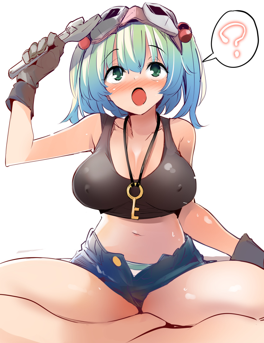 1girl :o ? adjustable_wrench aqua_eyes aqua_hair black_gloves black_tank_top blush breasts commentary_request covered_nipples crop_top denim denim_shorts eyebrows_visible_through_hair gloves goggles goggles_on_head hair_bobbles hair_ornament highres indian_style jewelry kamukamu_(ars) kawashiro_nitori key midriff navel necklace no_hat no_headwear open_mouth panties pantyshot short_shorts shorts simple_background sitting solo spoken_question_mark striped striped_panties tank_top touhou two_side_up unbuttoned underwear white_background wrench