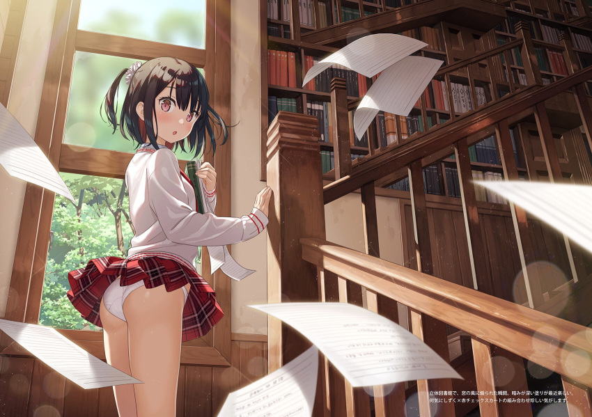 1girl :o ass banister bare_thighs book bookshelf brown_hair commentary_request hair_ornament hair_scrunchie highres holding holding_book kantoku leaf lens_flare open_mouth open_window original panties paper plaid plaid_skirt pleated_skirt red_eyes red_skirt school_uniform scrunchie shirt shizuku_(kantoku) side_ponytail skirt skirt_lift solo stairs standing tree underwear white_panties white_shirt window