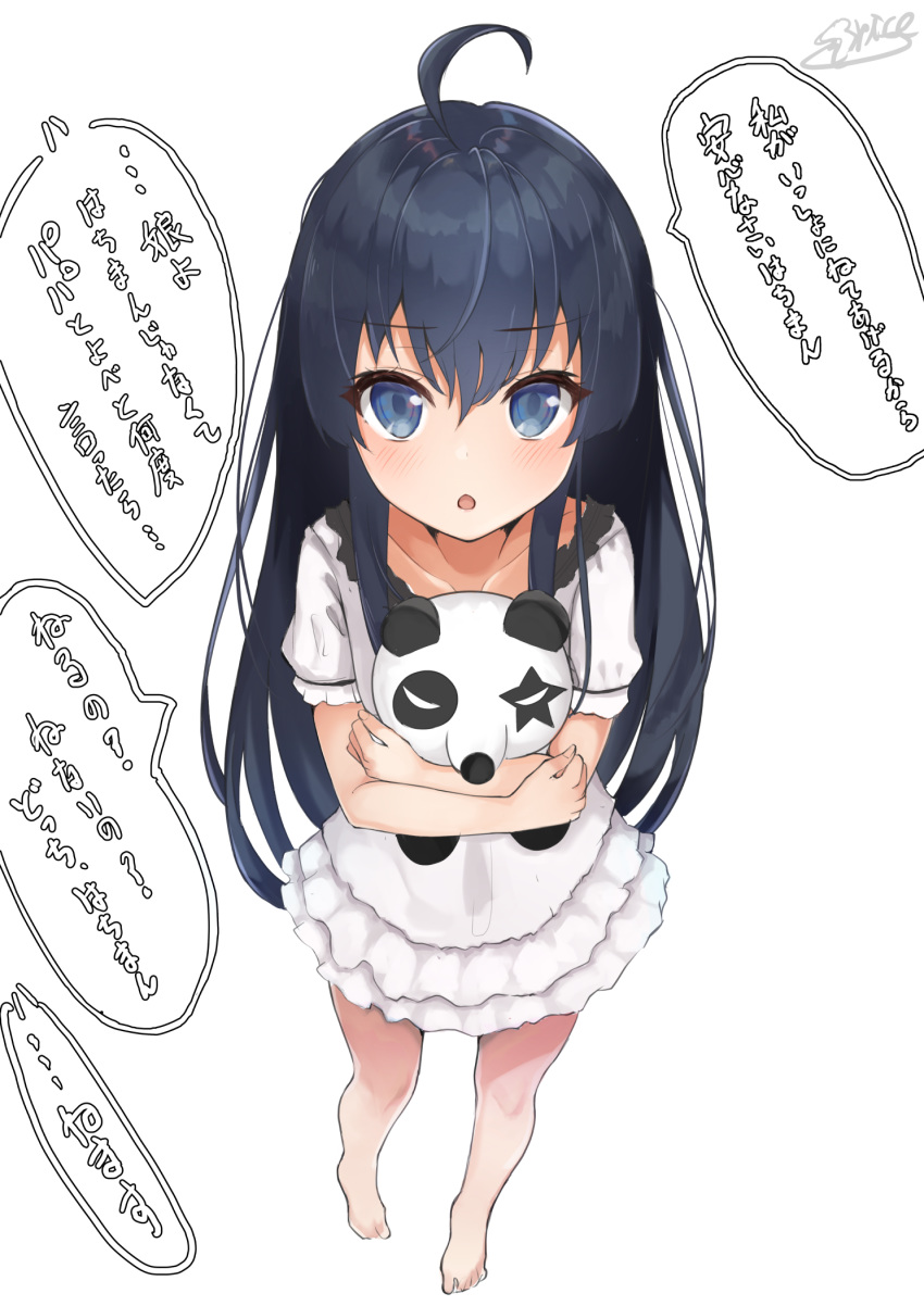 1girl :o ahoge bangs bare_legs barefoot black_hair blue_eyes blush collarbone commentary_request dress eyebrows_visible_through_hair highres holding long_hair looking_at_viewer shiina_aoi simple_background solo stuffed_animal stuffed_panda stuffed_toy translation_request white_background white_dress yahari_ore_no_seishun_lovecome_wa_machigatteiru. yukinoshita_yukino