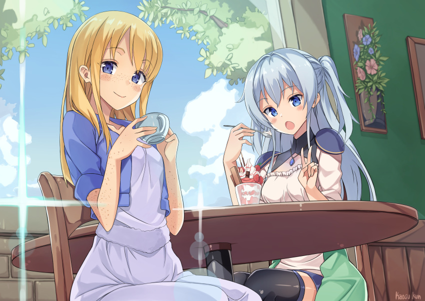 2girls artist_name black_legwear blonde_hair blue_eyes breasts closed_mouth coffee collarbone commission cup day denim denim_shorts eyebrows_visible_through_hair food freckles highres holding holding_cup holding_spoon ice_cream indoors jewelry large_breasts long_hair looking_at_viewer multiple_girls necklace open_mouth original ryan_edian shorts silver_hair sitting spoon sundae table teacup thigh-highs v