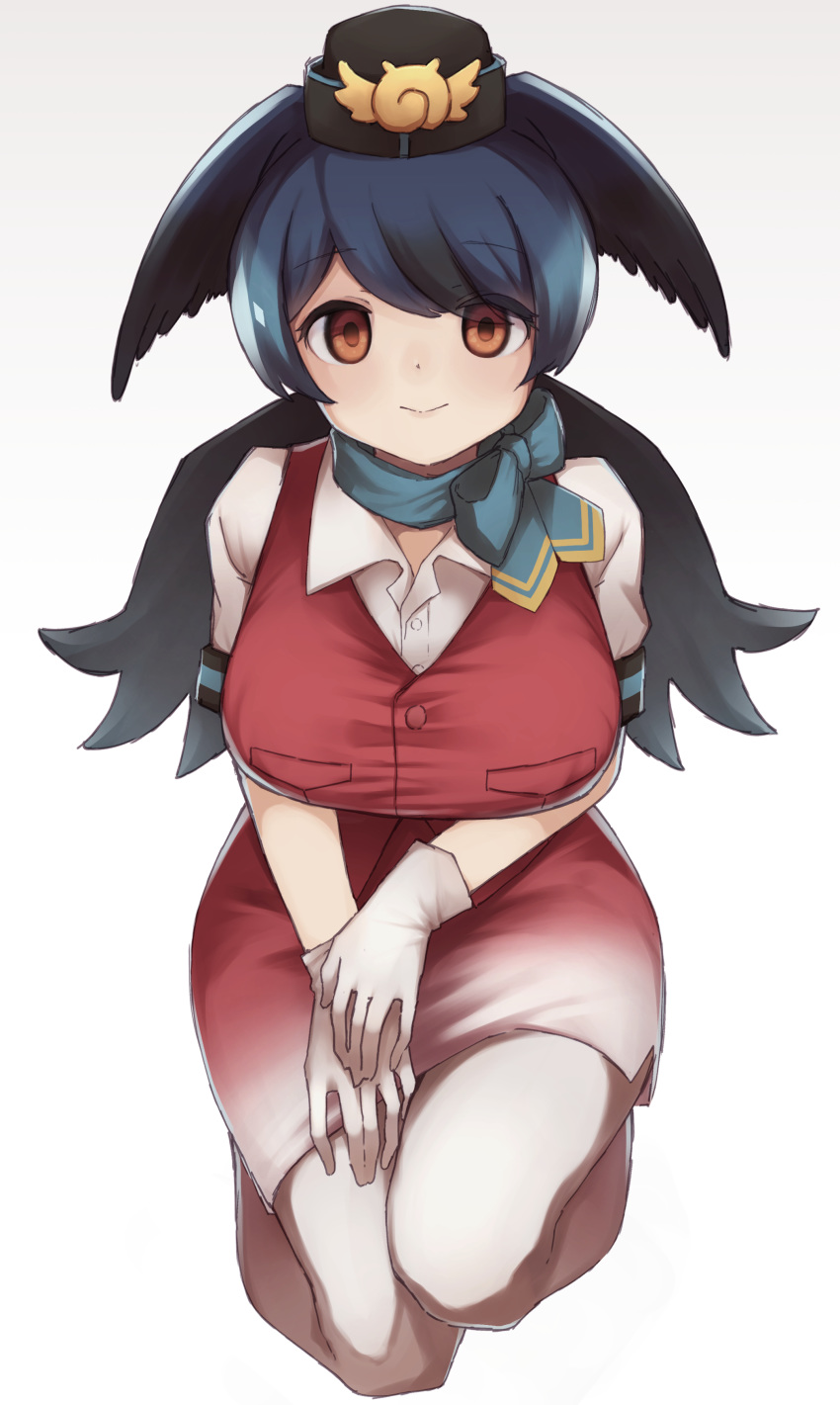 1girl absurdres aqua_hair bangs black_hair breasts brown_eyes collared_shirt eyebrows_visible_through_hair gloves head_wings highres japari_symbol kemono_friends large_breasts long_hair looking_at_viewer multicolored_hair pantyhose passenger_pigeon_(kemono_friends) puffy_short_sleeves puffy_sleeves shirt short_sleeves solo squatting swept_bangs tail_or thick_thighs thighs twintails two-tone_hair vest white_gloves white_legwear white_shirt