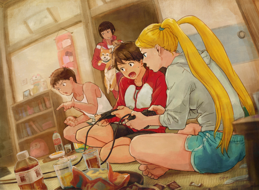 1boy 3girls animal animal_hug barefoot bike_shorts blue_shorts brother_and_sister brown_hair casual chips coca-cola commentary_request controller dog food game_controller gamepad hood hood_down hoodie indoors jacket juice_box kasugano_sakura kasugano_tsukushi long_hair multiple_girls playing_games potato_chips rainbow_mika shiba_inu short_shorts shorts siblings soles street_fighter street_fighter_v sweatdrop tatami toes toko_(tokkotoritori) track_jacket twintails yamato_nadeshiko_(street_fighter)