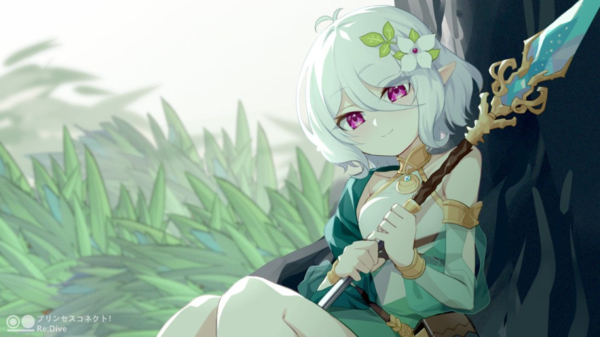1girl antenna_hair bangs breasts closed_mouth commentary_request detached_sleeves dress eyebrows_visible_through_hair flower grass green_sleeves hair_between_eyes hair_flower hair_ornament head_tilt holding holding_spear holding_weapon kokkoro_(princess_connect!) long_sleeves looking_at_viewer pointy_ears polearm princess_connect! princess_connect!_re:dive puffy_long_sleeves puffy_sleeves see-through see-through_sleeves sitting sleeveless sleeveless_dress small_breasts smile solo spear tree two-handed violet_eyes weapon white_dress white_flower white_hair xiujia_yihuizi