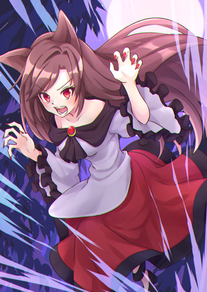 1girl absurdres animal_ears bare_shoulders black_footwear brooch brown_hair claw_pose commentary eyebrows_visible_through_hair floating_hair highres imaizumi_kagerou jewelry long_hair long_sleeves moon nail_polish off-shoulder_shirt off_shoulder open_mouth ramie_(ramie541) red_eyes red_nails red_skirt revision shirt shoes skirt solo touhou v-shaped_eyebrows white_shirt wide_sleeves wolf_ears
