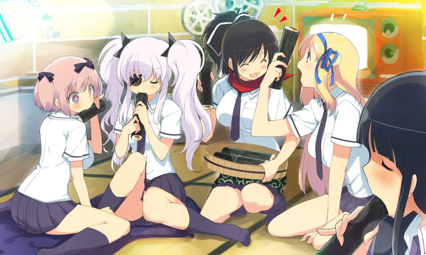 5girls :3 ^_^ asuka_(senran_kagura) bangs black_hair black_ribbon blonde_hair blue_eyes blue_legwear blue_neckwear blue_ribbon blue_skirt blush breasts closed_eyes collar collared_shirt eating eyepatch film_reel food green_eyes hair_ornament hair_ribbon hibari_(senran_kagura) highres holding ikaruga_(senran_kagura) katsuragi_(senran_kagura) large_breasts long_hair multiple_girls necktie nibbling official_art on_floor open_mouth pink_hair pleated_skirt pocket ponytail red_scarf ribbon scarf school_uniform senran_kagura shirt short_hair short_twintails shuriken skirt sushi symbol-shaped_pupils tatami television television_screen twintails white_hair white_ribbon white_shirt yaegashi_nan yagyuu_(senran_kagura)