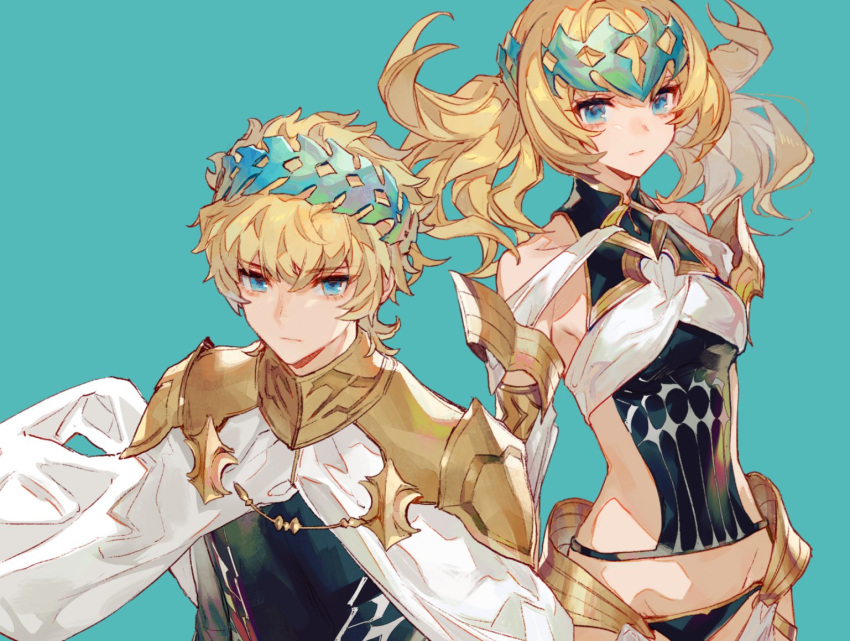 1boy 1girl armlet bangs bare_shoulders black_shirt blonde_hair blue_background blue_eyes breasts brother_and_sister castor_(fate/grand_order) chocoan closed_mouth collar diadem fate/grand_order fate_(series) looking_at_viewer medium_hair metal_collar pauldrons pollux_(fate/grand_order) shirt short_hair siblings simple_background small_breasts twins white_robe