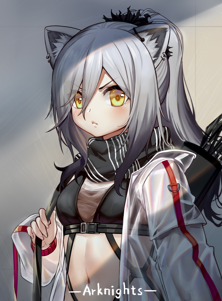 1girl absurdres animal_ear_fluff animal_ears arknights bangs black_scarf blush breasts cat_ears commentary copyright_name crop_top earrings eyebrows_visible_through_hair hair_between_eyes highres indoors jacket jewelry long_hair long_sleeves looking_at_viewer medium_breasts midriff navel open_clothes open_jacket quiver scarf schwarz_(arknights) see-through shoutai_(7490773) silver_hair solo stomach upper_body v-shaped_eyebrows white_jacket yellow_eyes