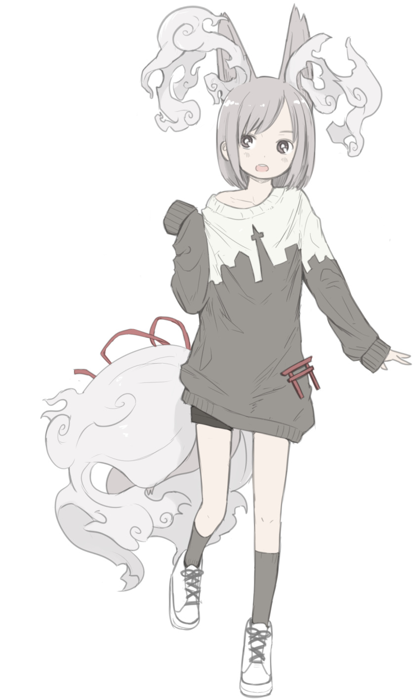 1girl animal_ears bangs boots bow collarbone cross-laced_footwear dress grey_eyes grey_hair highres lace-up_boots miyako_(naotsugu) open_mouth original oversized_clothes ribbon short_hair simple_background socks solo sweater sweater_dress swept_bangs tail tail_ribbon white_background white_footwear