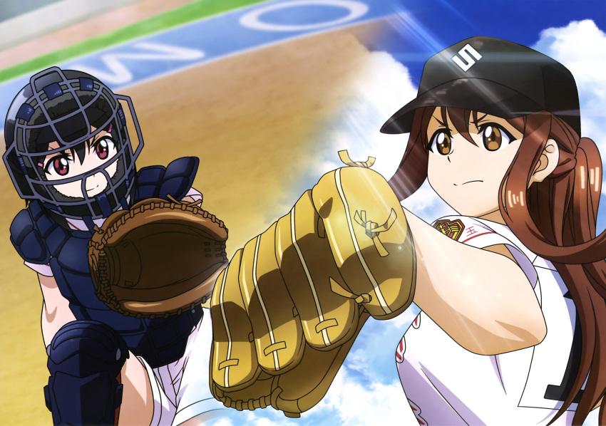 2girls absurdres baseball baseball_cap baseball_mitt baseball_uniform black_hair brown_eyes brown_hair grass hat highres multiple_girls official_art sportswear takeda_yomi tamayomi uniform violet_eyes yamazaki_tamaki