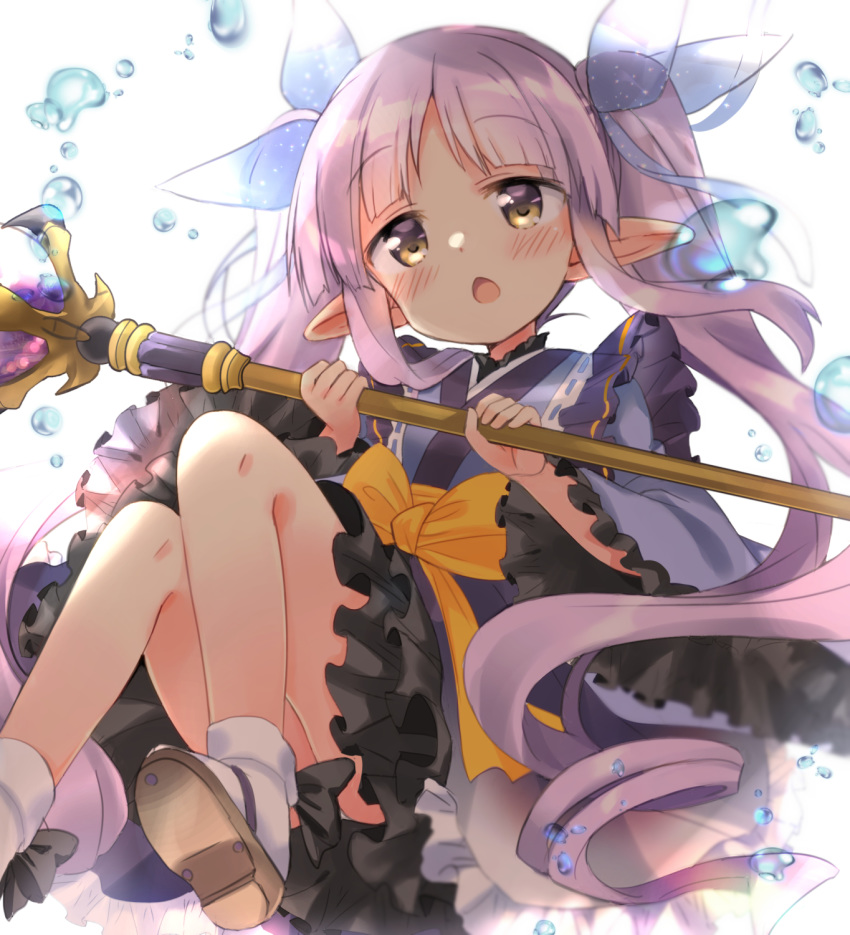 1girl bangs blush dress eyebrows_visible_through_hair frilled_dress frills hair_ribbon highres hikawa_kyouka hizuki_yayoi holding holding_weapon long_hair long_sleeves open_mouth pointy_ears princess_connect! princess_connect!_re:dive purple_hair ribbon sash sidelocks simple_background solo twintails water weapon white_background wide_sleeves yellow_eyes