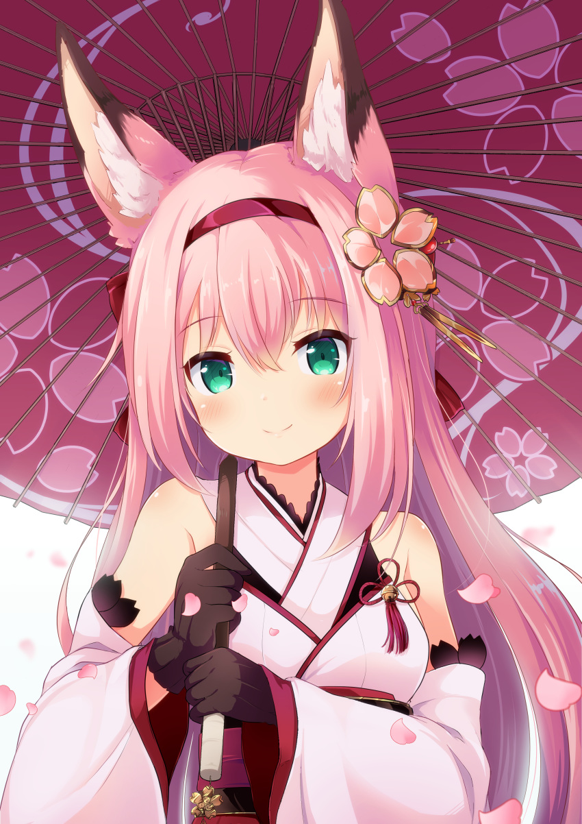 1girl absurdres animal_ear_fluff animal_ears azur_lane bangs bare_shoulders black_gloves blush bow cherry_blossom_print closed_mouth commentary_request detached_sleeves eyebrows_visible_through_hair floral_print gloves green_eyes hair_between_eyes hair_bow hairband hanazuki_(azur_lane) highres holding holding_umbrella japanese_clothes kimono long_hair long_sleeves looking_at_viewer nekono_rin obi oriental_umbrella petals pink_hair print_umbrella purple_umbrella red_bow red_hairband sash sleeveless sleeveless_kimono smile solo umbrella upper_body white_kimono wide_sleeves