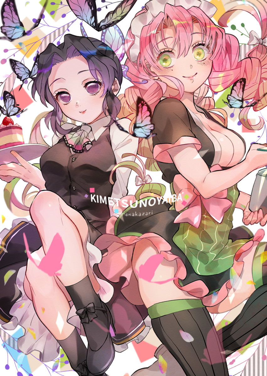 2girls animal_print apron ascot black_footwear black_hair black_legwear black_vest braid breasts bug butterfly butterfly_hair_ornament butterfly_print cake collared_shirt food gradient_hair green_apron green_eyes hair_ornament hana_(h6n6_matsu) highres holding holding_tray insect kanroji_mitsuri kimetsu_no_yaiba knees_up kochou_shinobu large_breasts long_hair looking_at_another looking_at_viewer looking_to_the_side maid_headdress multicolored_hair multiple_girls open_clothes open_shirt pink_hair print_neckwear revealing_clothes shirt shoes short_hair smile socks thigh-highs thighs tray twin_braids very_long_hair vest violet_eyes white_shirt zettai_ryouiki