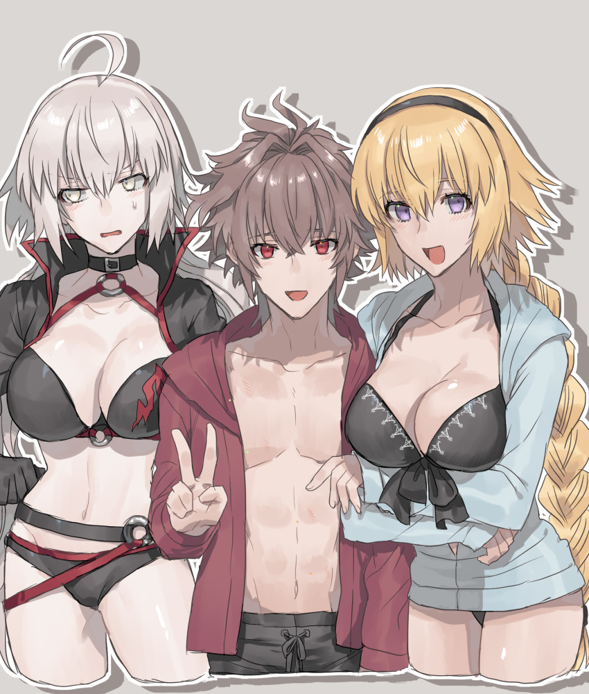 1boy 2girls blonde_hair braid braided_ponytail breasts brown_hair choker fate/apocrypha fate/grand_order fate_(series) grey_hair hairband highres jacket jeanne_d'arc_(alter_swimsuit_berserker) jeanne_d'arc_(fate)_(all) jeanne_d'arc_(swimsuit_archer) kmk large_breasts long_hair multiple_girls red_eyes short_hair sieg_(fate/apocrypha) sweat swimsuit v violet_eyes