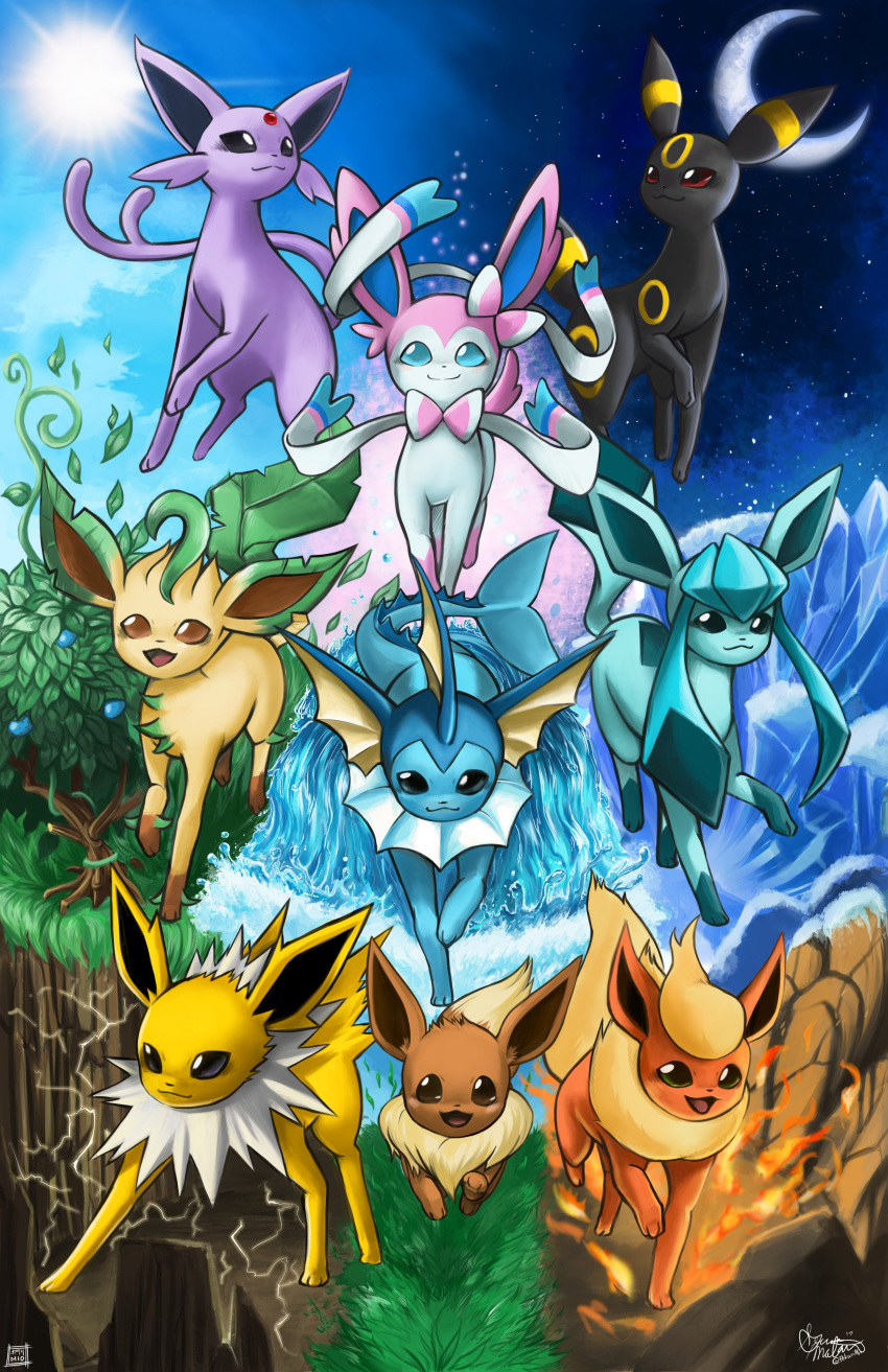 :3 absurdres blue_eyes brown_eyes closed_mouth eevee eeveelutions electricity espeon fire flareon gen_1_pokemon gen_2_pokemon gen_4_pokemon gen_6_pokemon glaceon grass highres ice jolteon leaf leafeon looking_at_another looking_at_viewer moon nature no_humans open_mouth pokemon pokemon_(creature) pokurimio red_eyes running sky smile sun sylveon umbreon vaporeon violet_eyes walking water