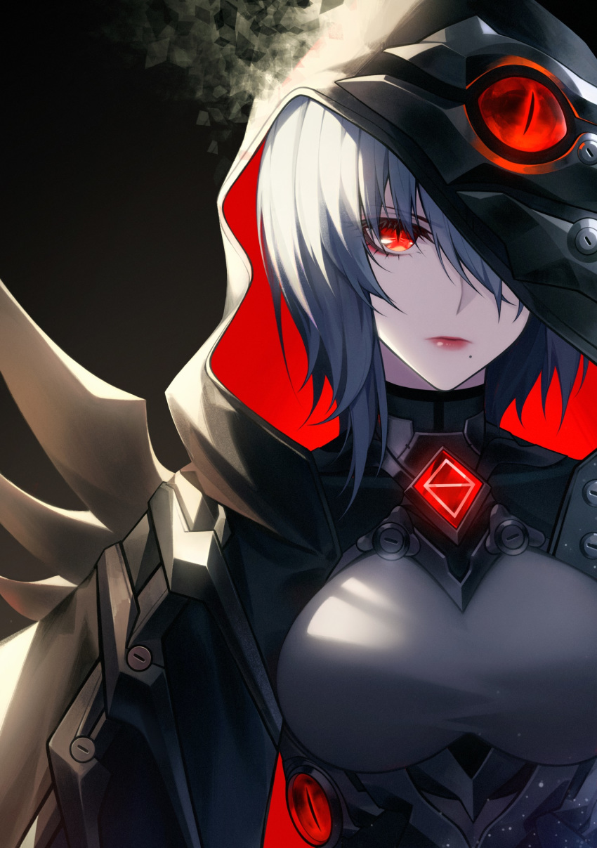 1girl black_background black_hoodie closed_mouth highres honkai_(series) honkai_impact_3rd hood hood_up looking_at_viewer mole mole_under_mouth one_eye_covered raven_(honkai_impact_3rd) red-d red_eyes red_lips short_hair silver_hair slit_pupils solo upper_body