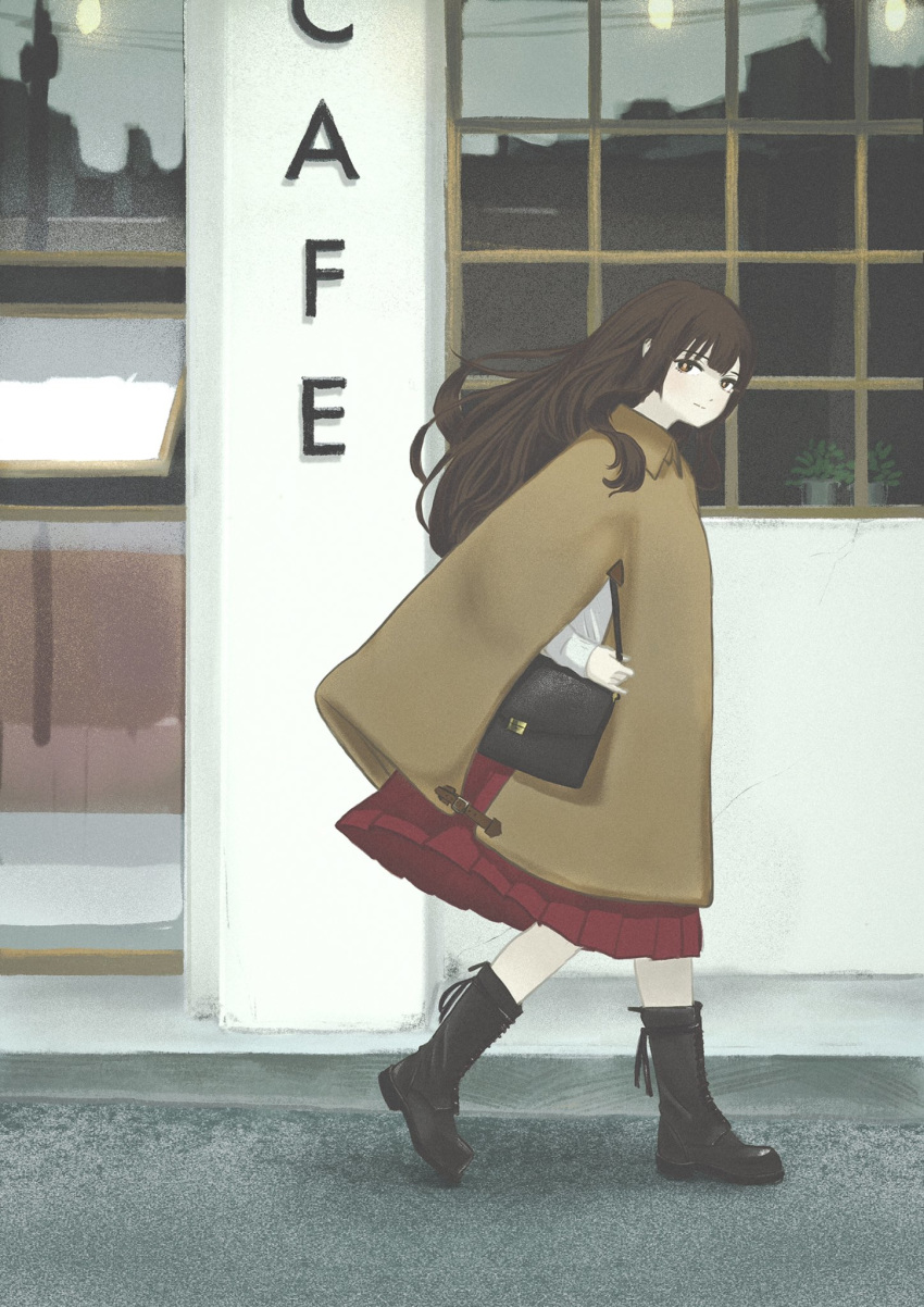 1girl bag bangs black_footwear blunt_bangs boots bright_pupils brown_eyes brown_hair cloak closed_mouth collared_cloak cross-laced_footwear day deg_(deguana) from_side highres holding idolmaster idolmaster_cinderella_girls lace-up_boots long_hair looking_at_viewer looking_to_the_side mizumoto_yukari outdoors pleated_skirt red_skin red_skirt shoulder_bag skirt smile solo tagme walking