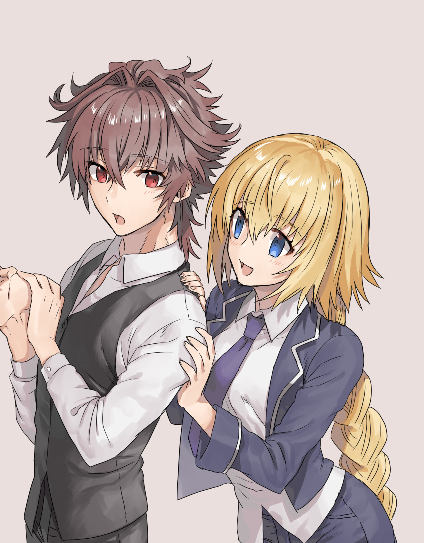 1boy 1girl absurdres blonde_hair blue_eyes braid braided_ponytail brown_hair fate/apocrypha fate_(series) hand_on_another's_shoulder hands highres jacket jeanne_d'arc_(fate) jeanne_d'arc_(fate)_(all) kmk long_hair necktie red_eyes short_hair sieg_(fate/apocrypha) smile