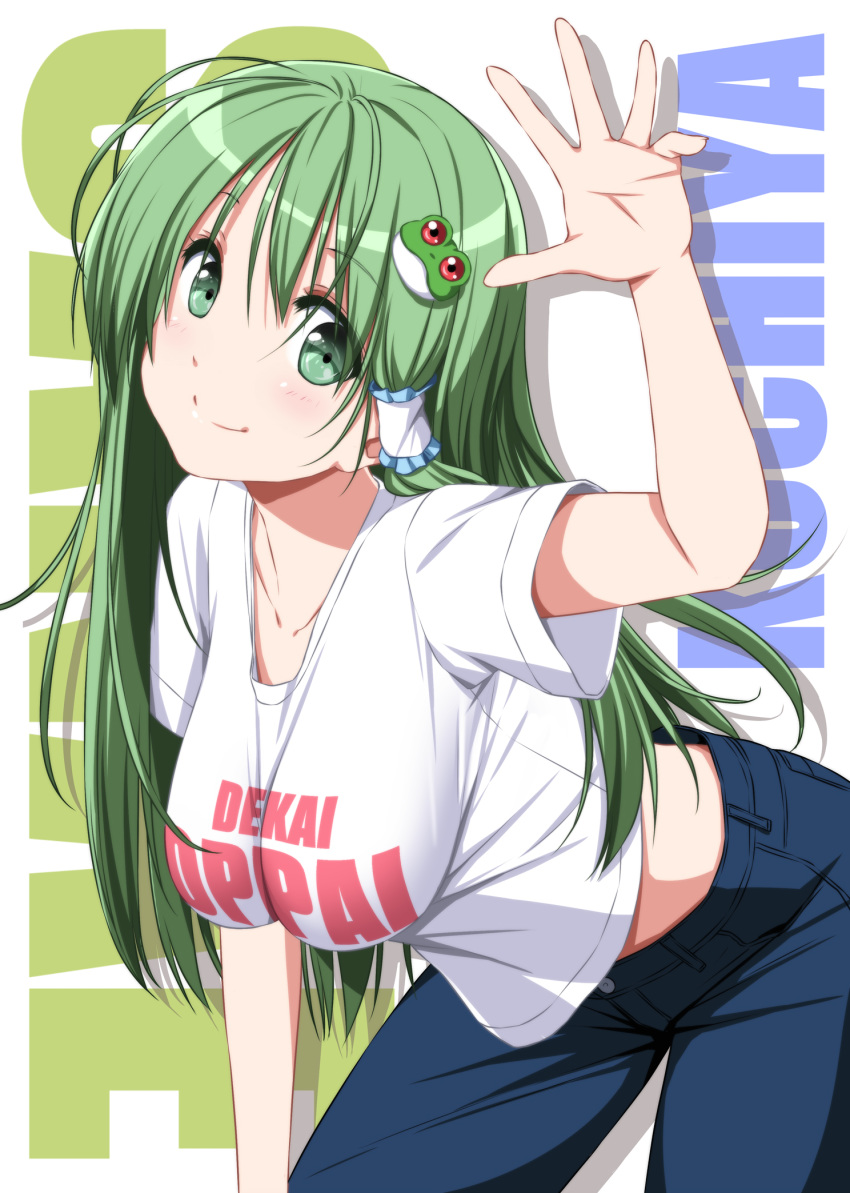 1girl alternate_costume bangs bent_over blush breasts character_name commentary_request cowboy_shot denim eyebrows_visible_through_hair frog_hair_ornament green_eyes green_hair hair_ornament hair_tubes hand_up head_tilt highres jeans kochiya_sanae long_hair looking_at_viewer medium_breasts midriff nori_tamago pants partial_commentary shirt short_sleeves smile solo t-shirt touhou white_background white_shirt