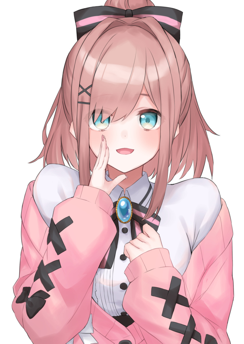 1girl :d bangs black_bow blue_eyes blush bow brooch brown_hair brown_nails cardigan collared_shirt commentary_request dress_shirt eyebrows_visible_through_hair hair_bow hair_bun hair_intakes hair_ornament hair_over_one_eye hairclip hand_up hashiko_nowoto highres jewelry long_sleeves looking_at_viewer nail_polish nijisanji off_shoulder open_cardigan open_clothes open_mouth pink_cardigan shirt simple_background sleeves_past_wrists smile solo striped striped_bow suzuhara_lulu virtual_youtuber white_background white_shirt x_hair_ornament