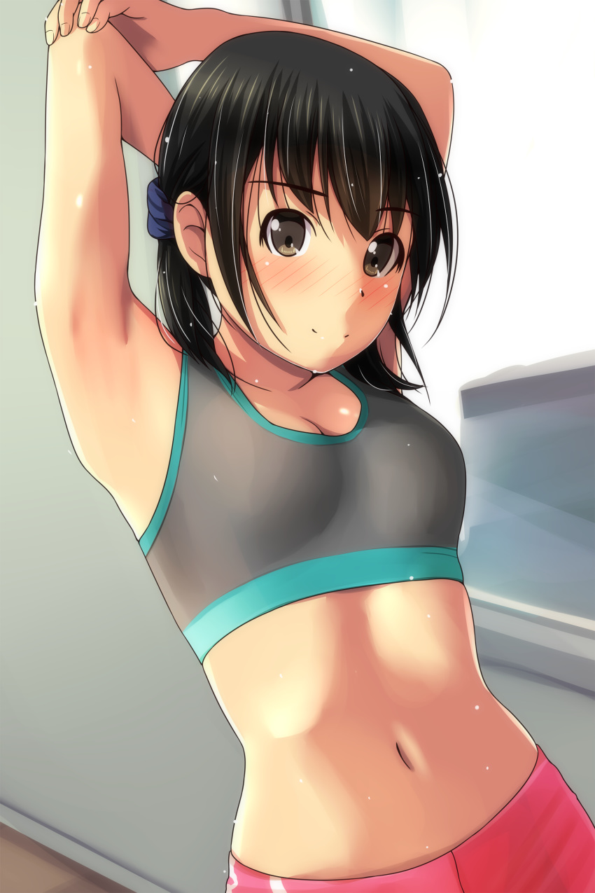 1girl absurdres armpits arms_behind_head arms_up bangs bare_arms bare_shoulders black_hair blue_scrunchie blush breasts brown_eyes closed_mouth collarbone crop_top eyebrows_visible_through_hair hair_ornament hair_scrunchie highres looking_at_viewer matsunaga_kouyou midriff navel nose_blush original pants pink_pants scrunchie short_twintails sidelocks small_breasts smile solo stretch twintails